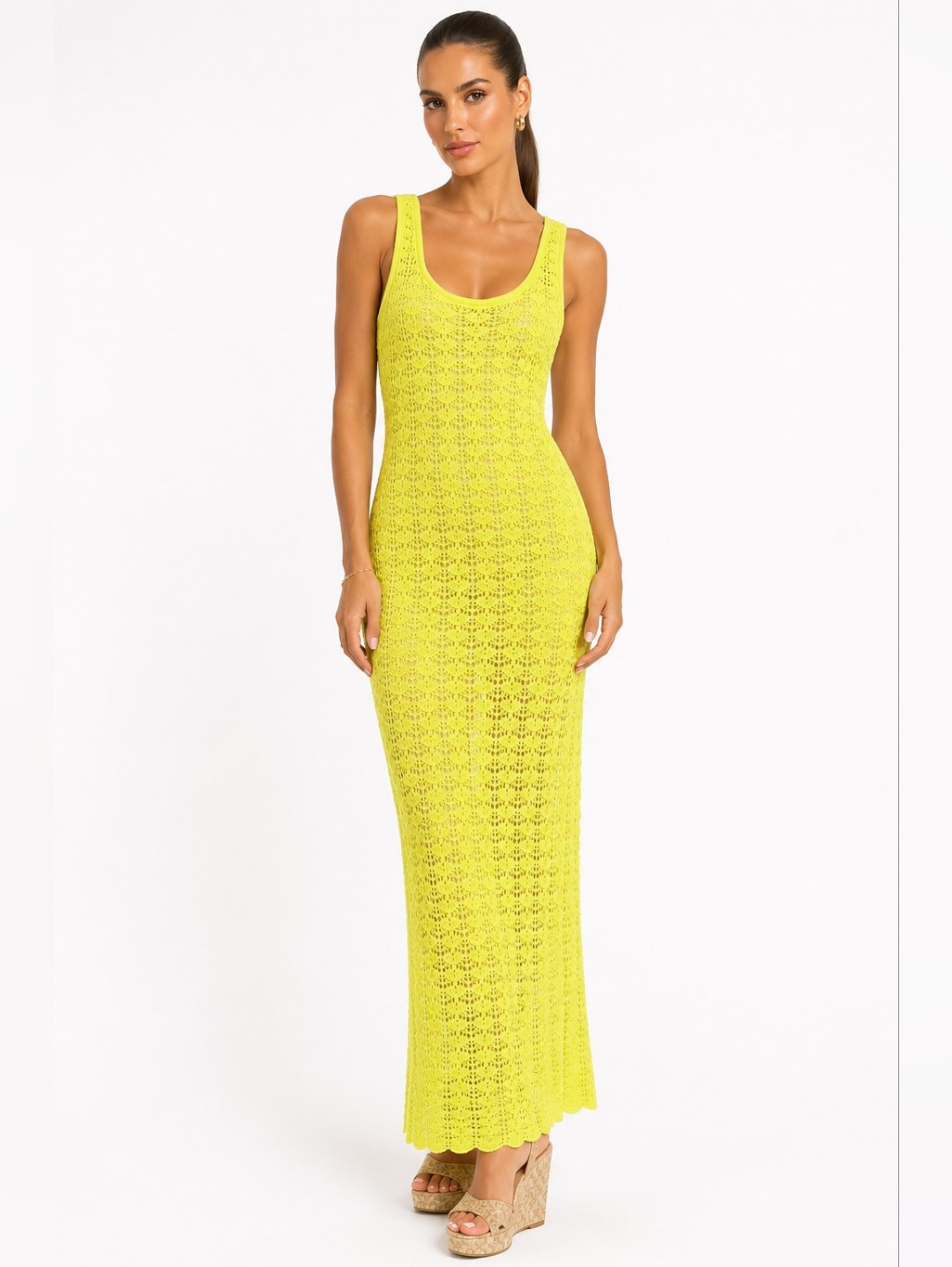 Nwt Alice + Olivia Veronique Pointelle Knit Maxi Dress Lemon Sorbet L Msrp $440